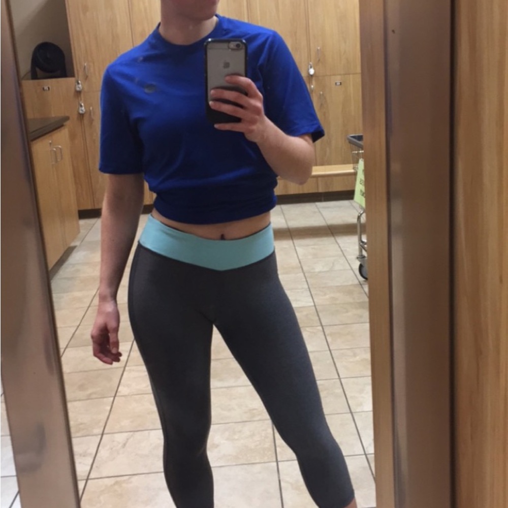 Gray and blue exercise leggings
